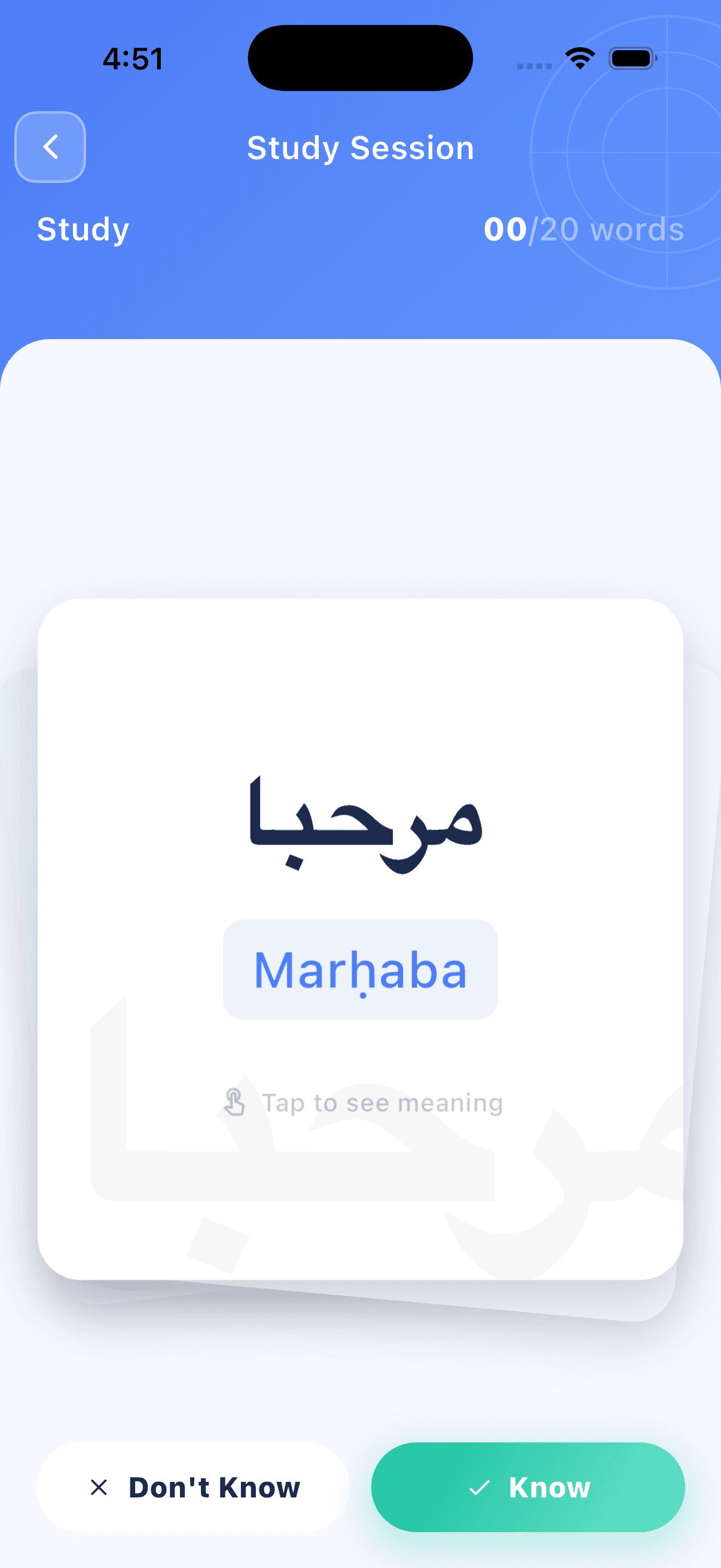 ArabifyMe flashcard showing Marhaba