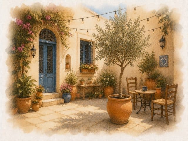 Watercolor of a sunlit courtyard with an olive tree and café chairs