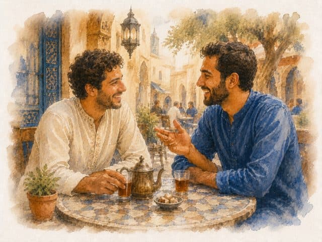 Watercolor of two friends chatting over tea at a street café