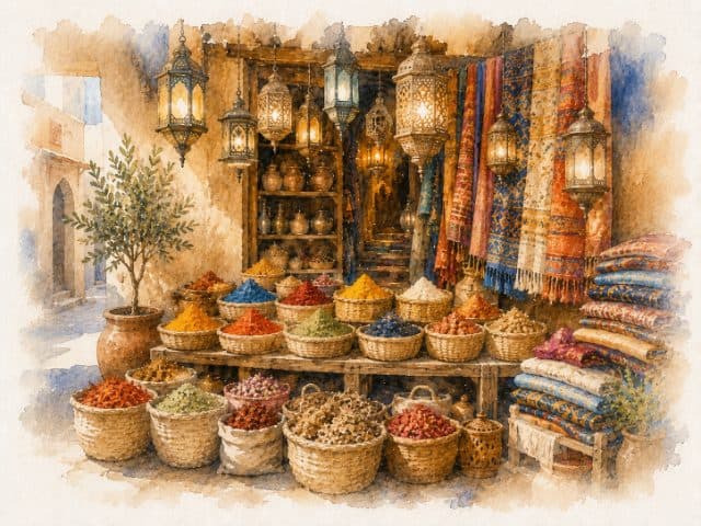 Watercolor of a Middle Eastern souk with spice baskets and hanging lanterns
