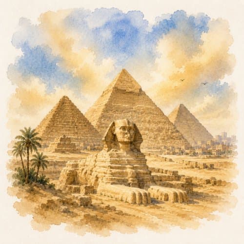 Watercolor of the Great Sphinx and the pyramids of Giza