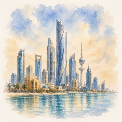 Watercolor of a modern Gulf city skyline reflected on the water