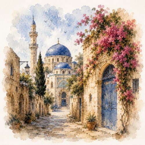 Watercolor of a Levantine old-town street with a blue-domed mosque and bougainvillea